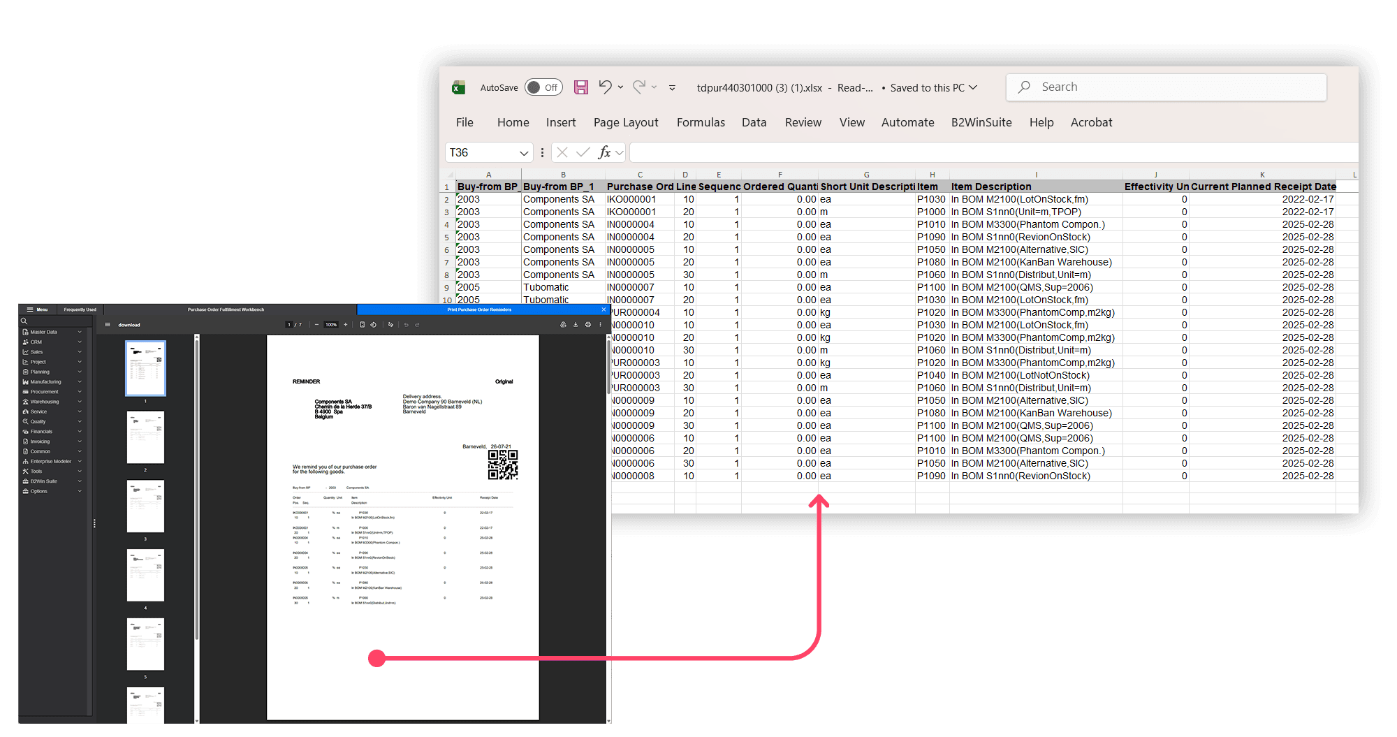 B2Win Suite extracting structured data from an Infor LN purchase order reminder report into Excel