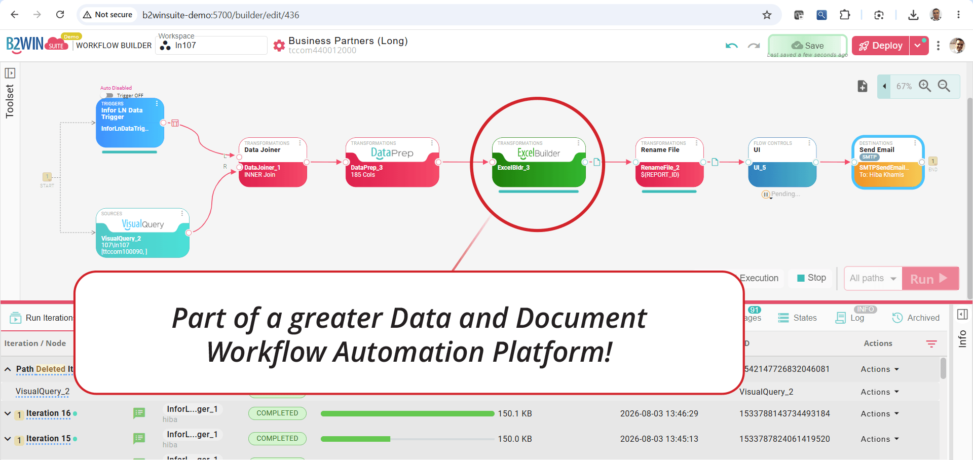 B2Win Suite workflow with ExcelBuilder as one step among data join, transform, review, and email delivery