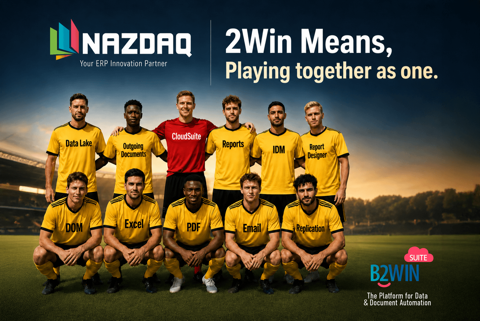 2Win Means Playing together as one — B2Win Suite team lineup for data and document automation with Infor
