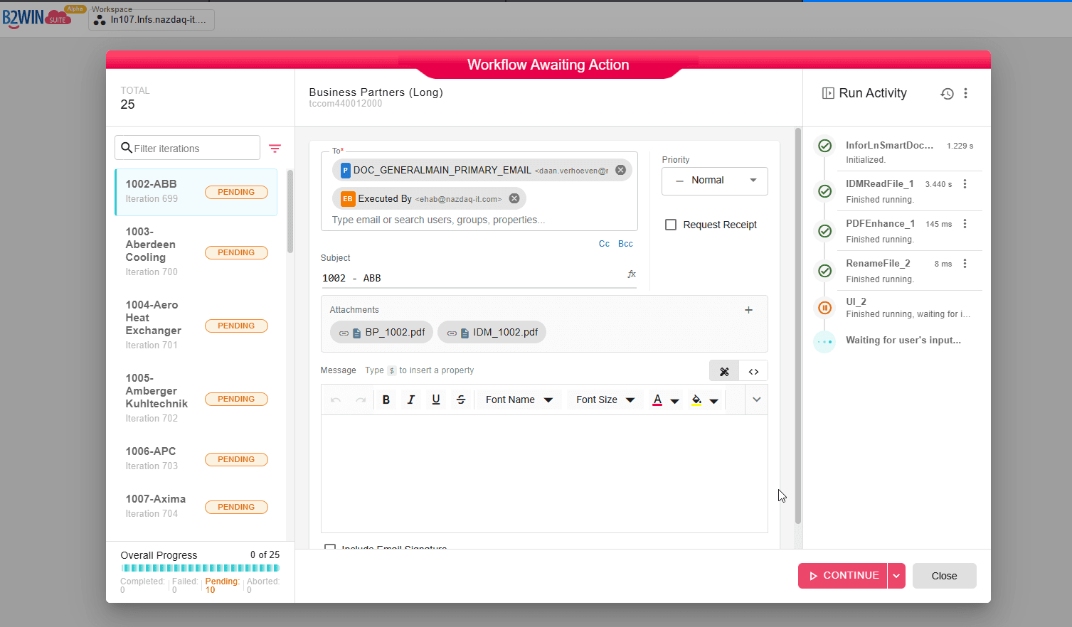 B2Win Suite 7.0 interactive workflow input screen where a user reviews and completes details before the workflow continues