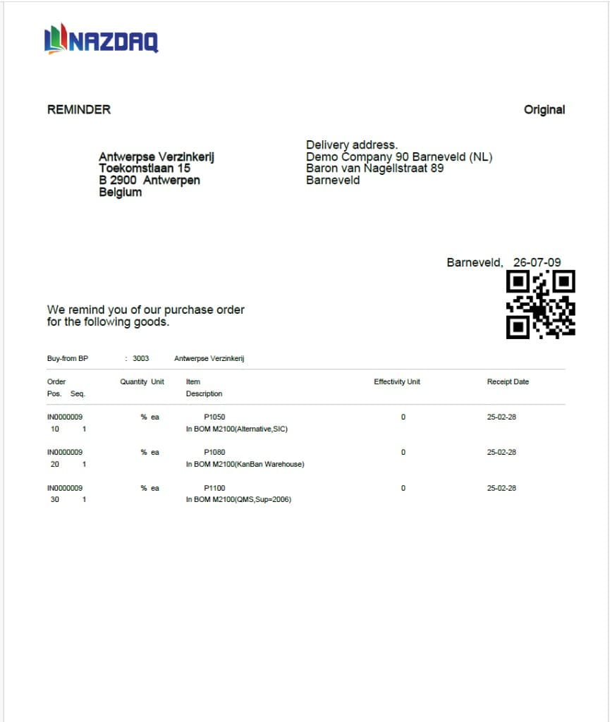 Example Purchase Order Reminder PDF generated by B2Win Suite 7.0, preserving the Infor LN layout and enriched with a QR code