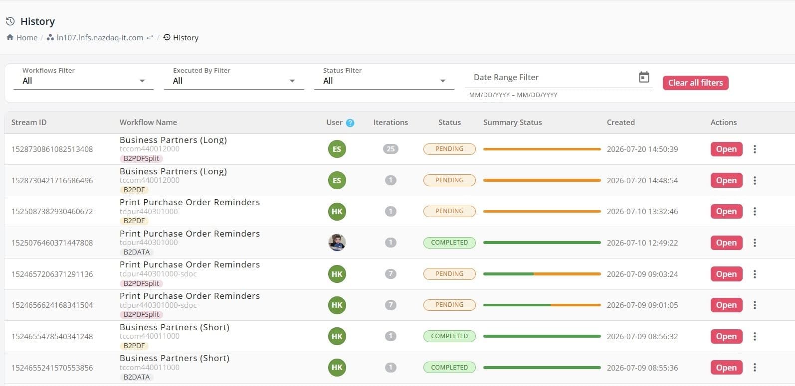 B2Win Suite 7.0 History — workflow run log with status, iterations, and open actions