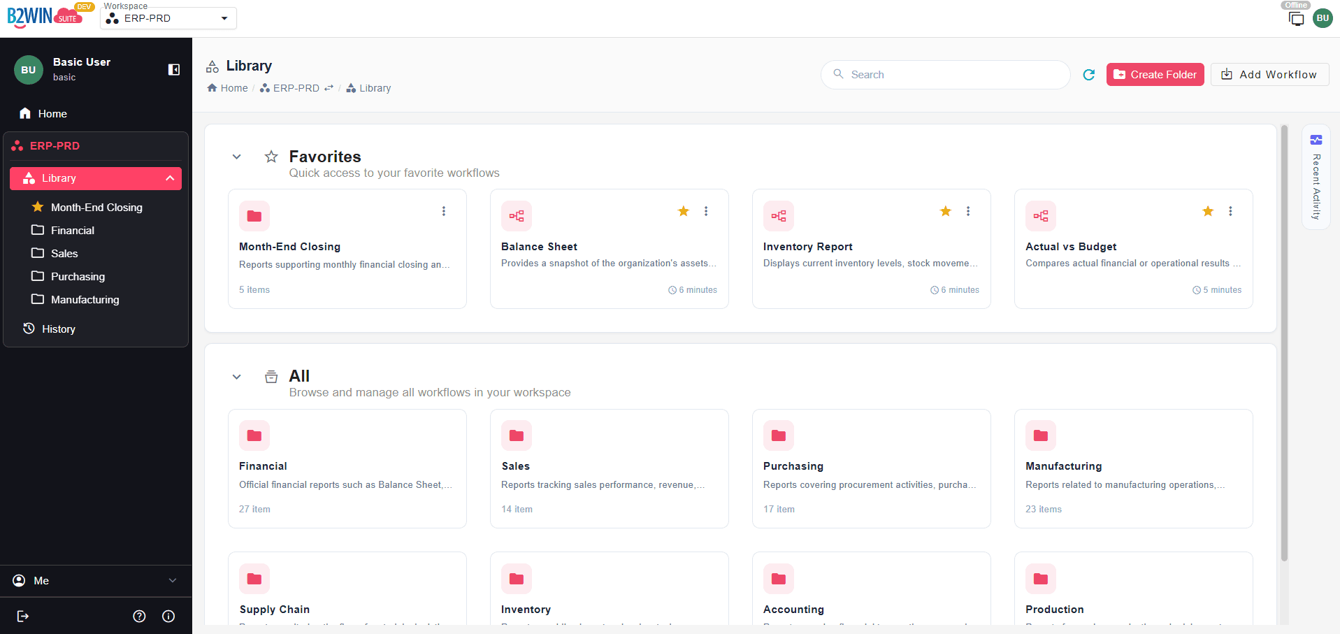 The redesigned B2Win Suite 7.0 Workflow Library in the ERP-PRD workspace, showing Favorites and All sections with folders such as Month-End Closing, Financial, Sales, and Purchasing