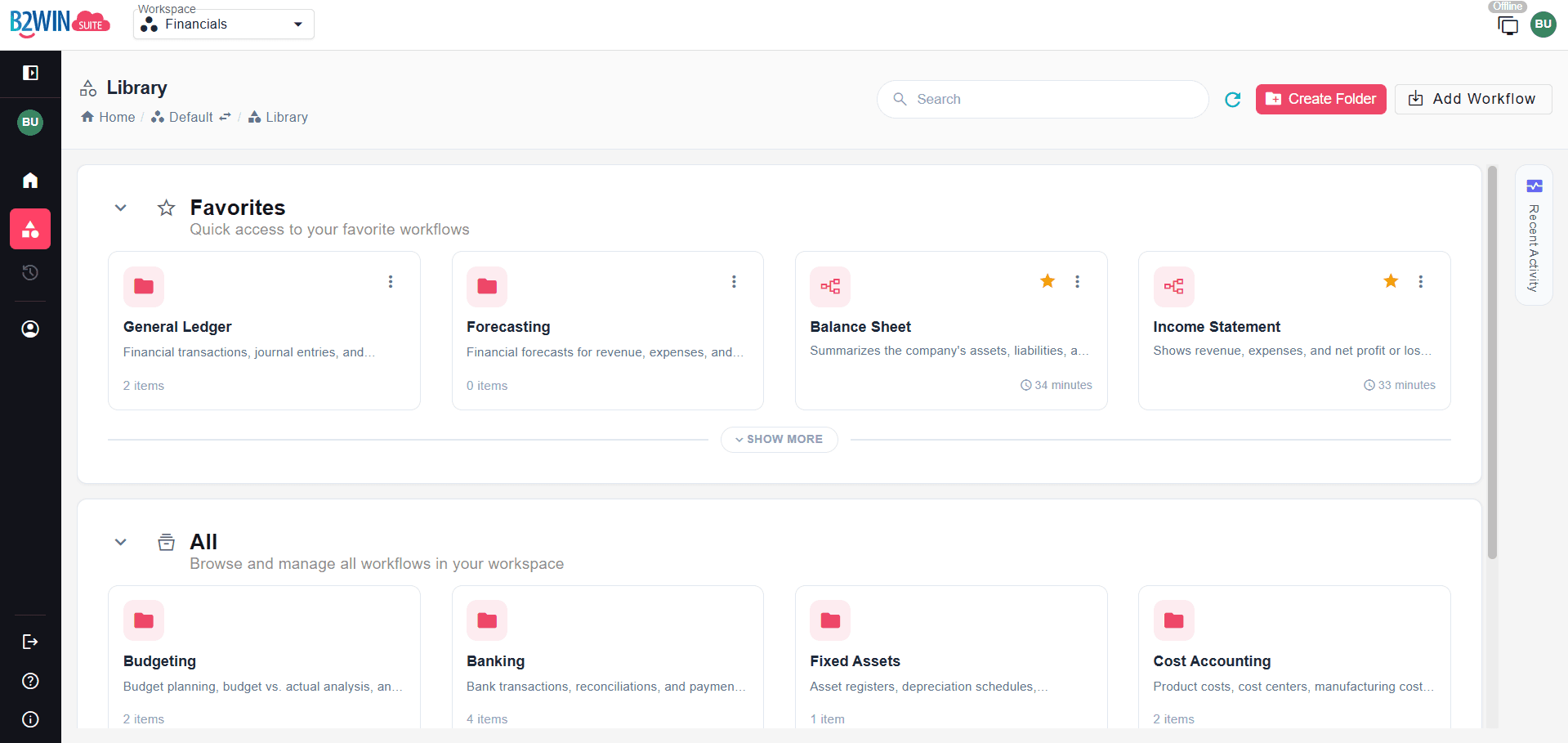 The redesigned B2Win Suite 7.0 Workflow Library showing Favorites and All workflows with folders such as General Ledger, Forecasting, Balance Sheet, and Income Statement
