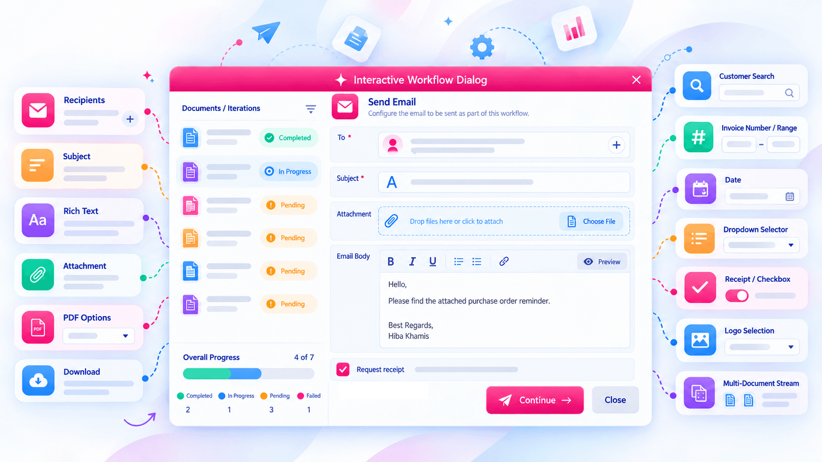 Wireframe of a customizable Interactive Workflow Dialog in B2Win Suite — illustration only