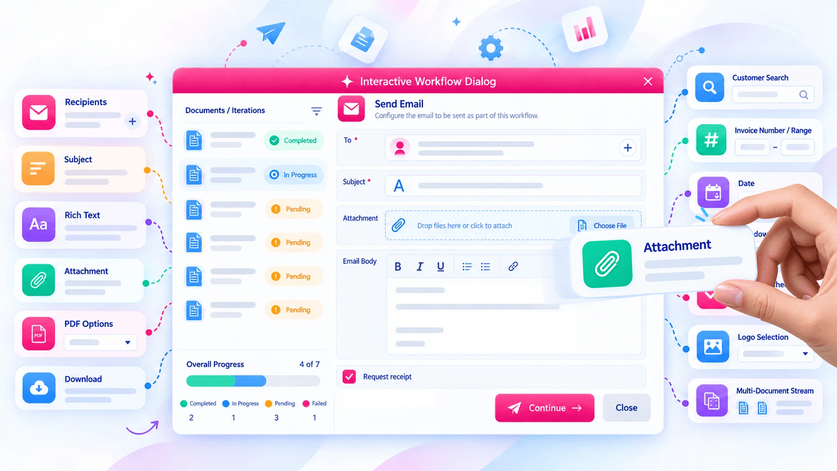 Customizable Interactive Workflow Dialog in B2Win Suite — illustration of building-block fields around a review screen