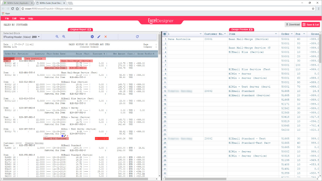B2Output Excel Designer interface