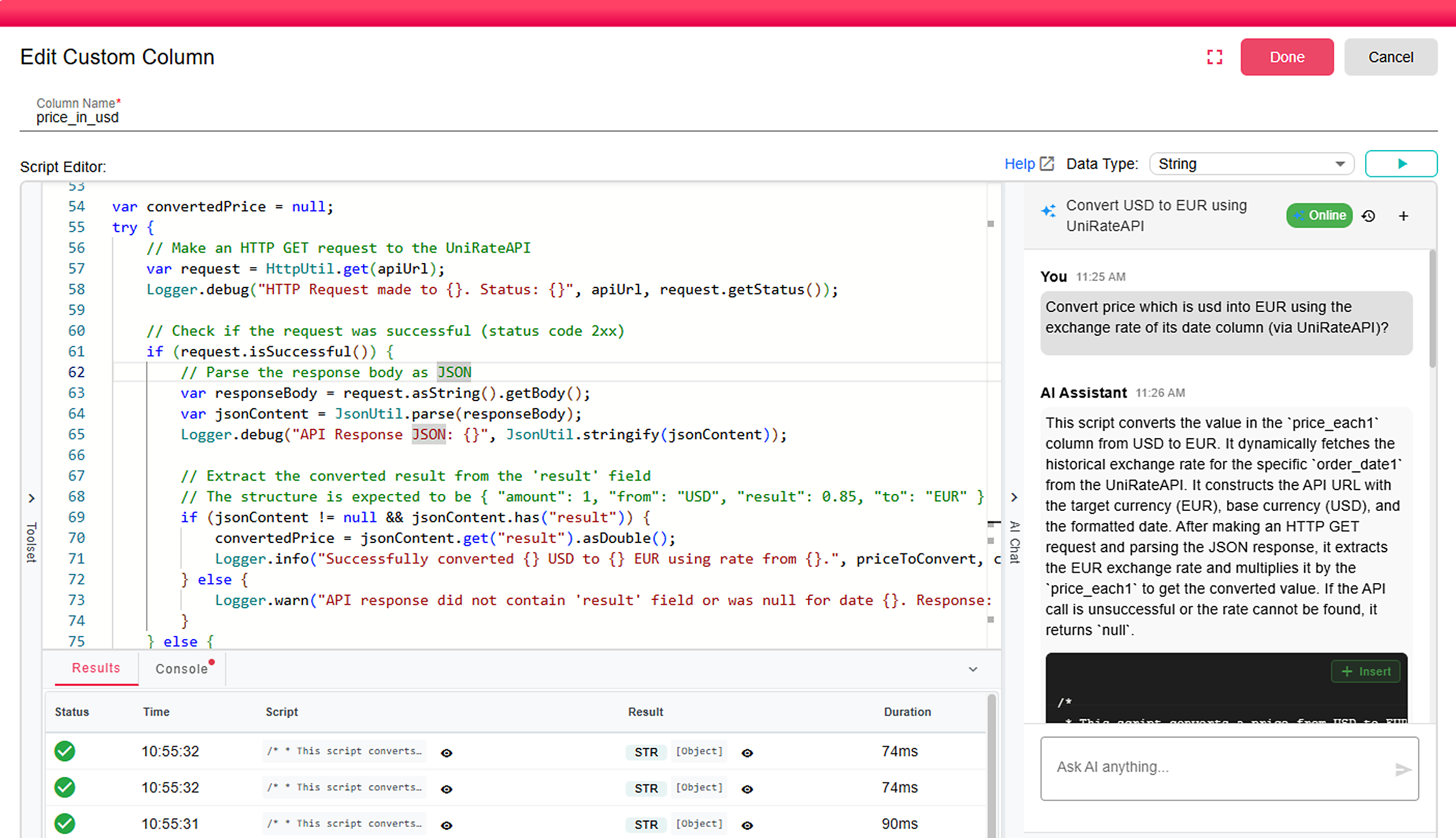 B2Win Suite AI-assisted scripting editor with custom column logic and REST API integration