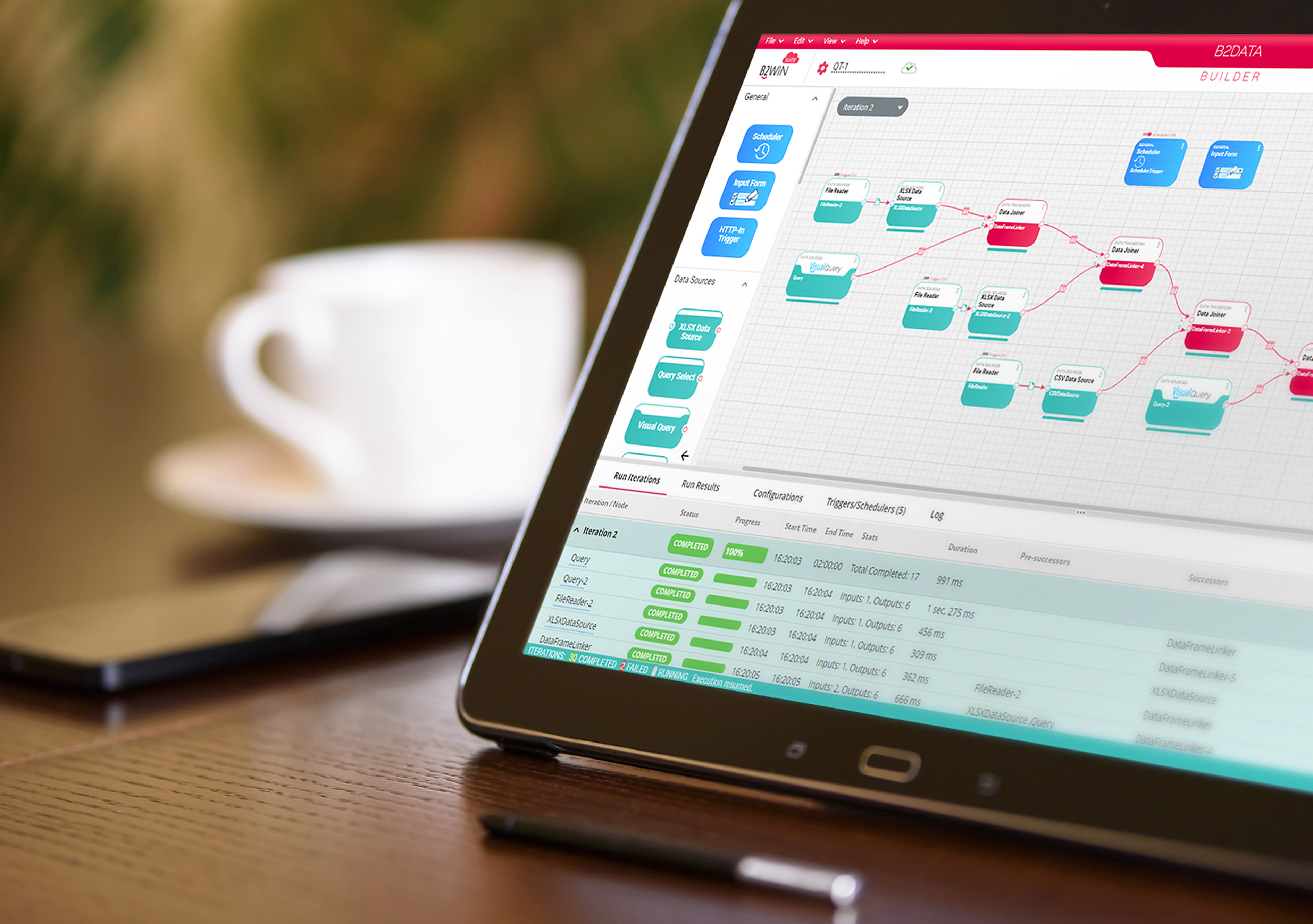 B2Win Suite platform displayed on a tablet showing workflow builder